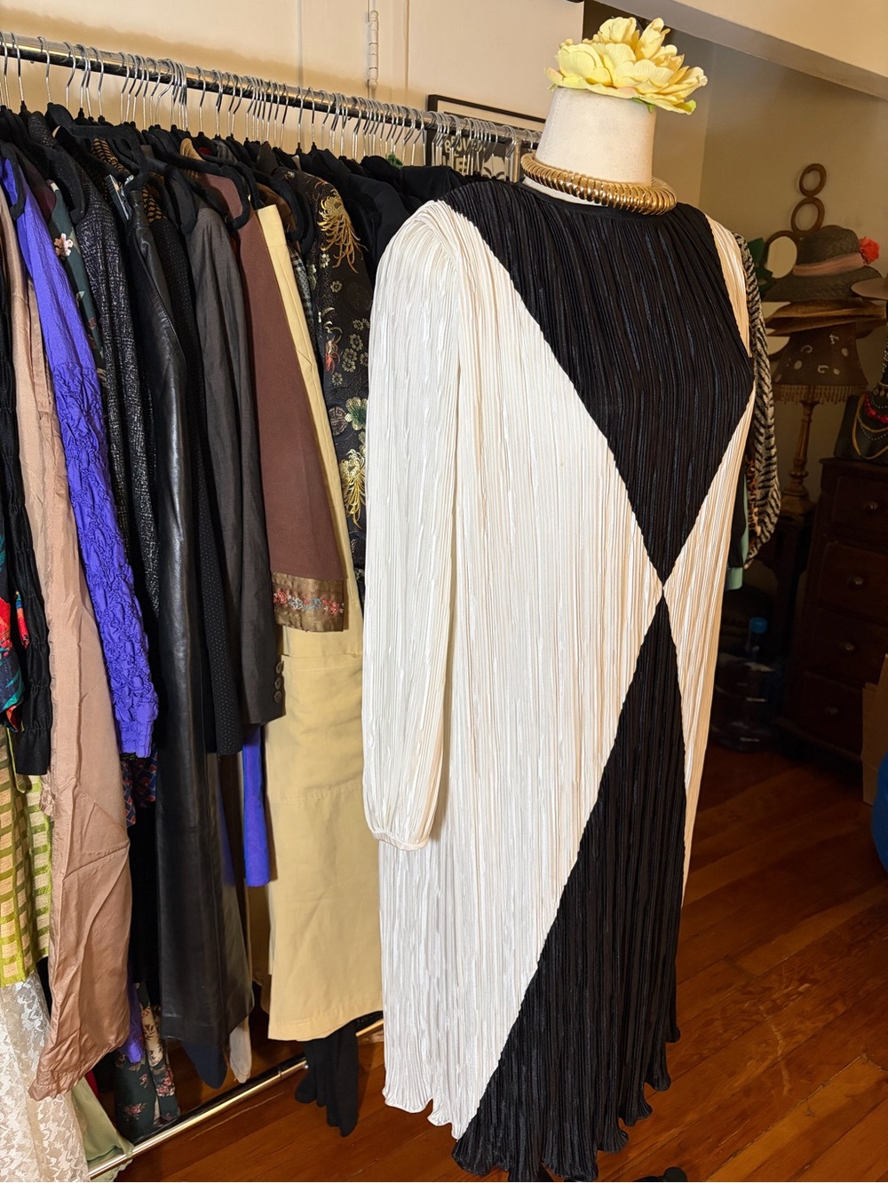 VTG 70s Hal Ferman PCF Petites Accordion Pleated Art Deco Geometric Dress - Picture 2 of 5